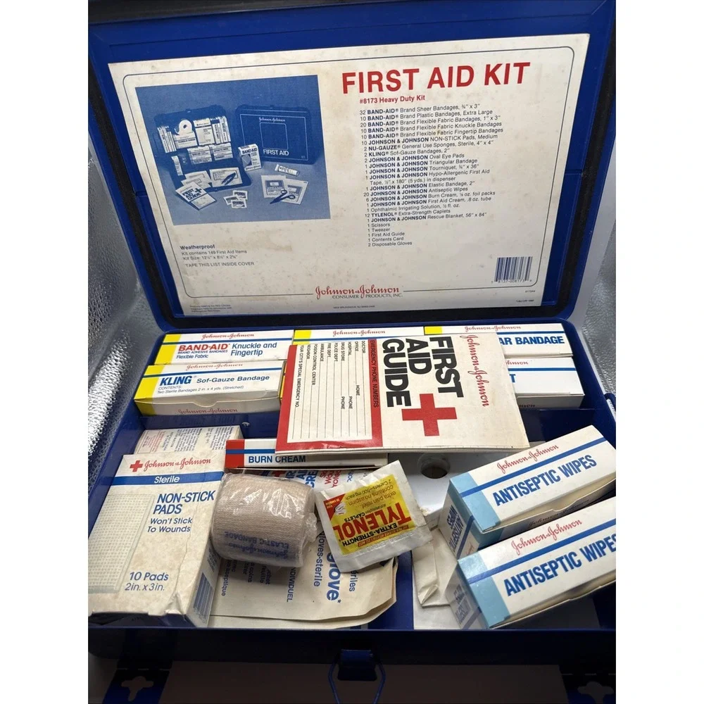 VTG Metal Johnson & Johnson First Aid Kit W/ Contents 8173 Cobalt Blue 13.5x9
